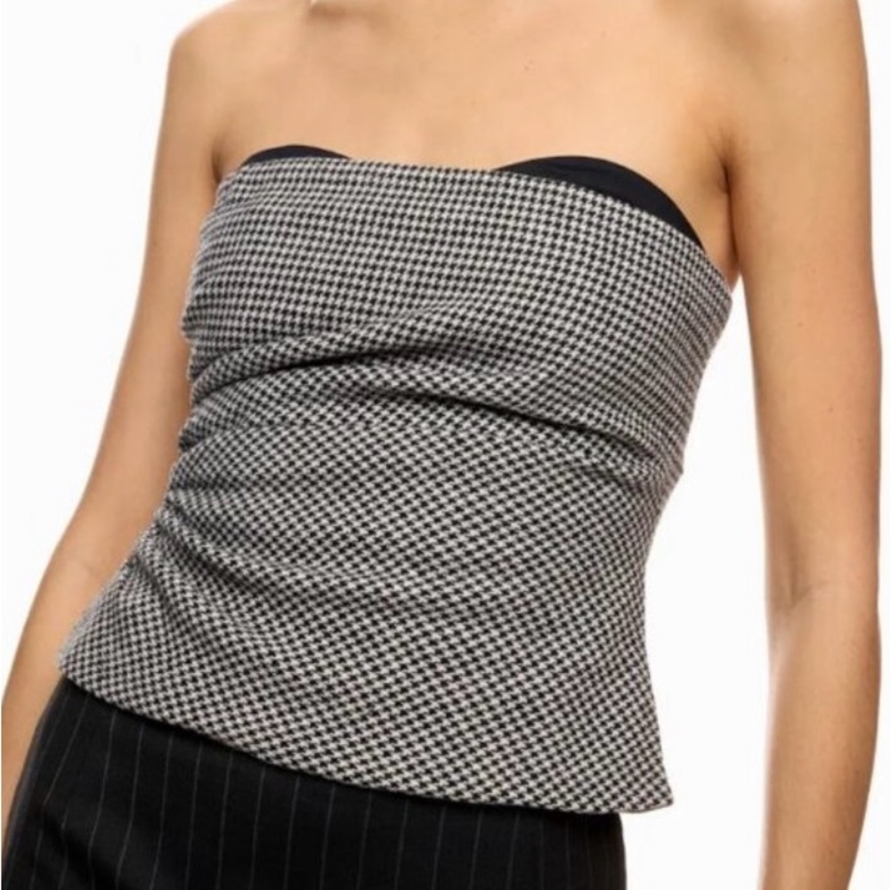Reformation Black and White Houndstooth Strapless Top